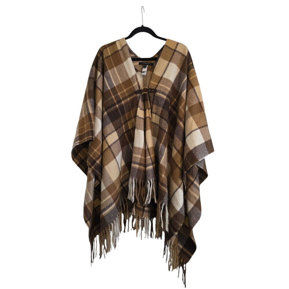 Marc New York Women's Brown & Tan Plaid Poncho Cape With Collar One Size